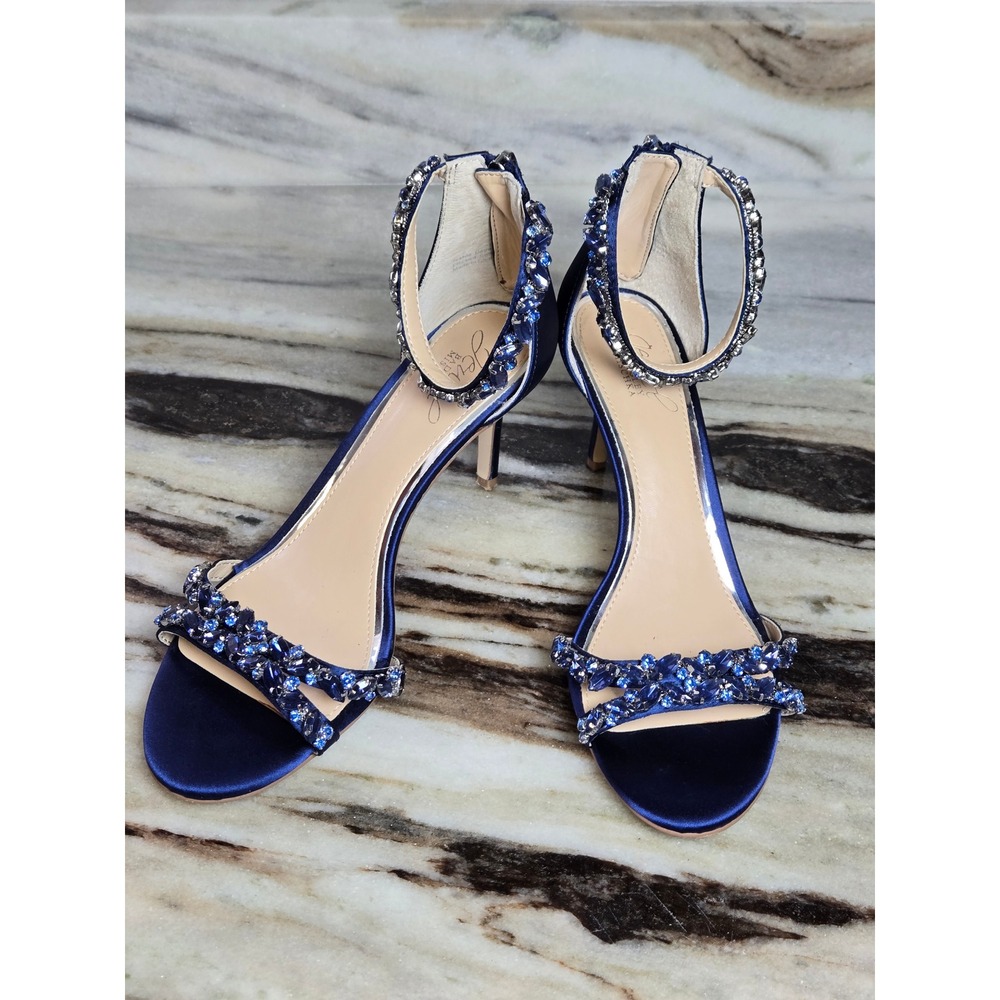 Jewel Badgley Mischka Navy Blue Satin Stone Embellished Ankle Strap Heels 8 - Picture 1 of 11